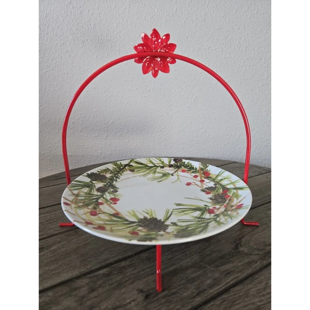 NWT Hallmark Christmas Serving Plate Pine Cones Berries Woodland Red Metal Stand